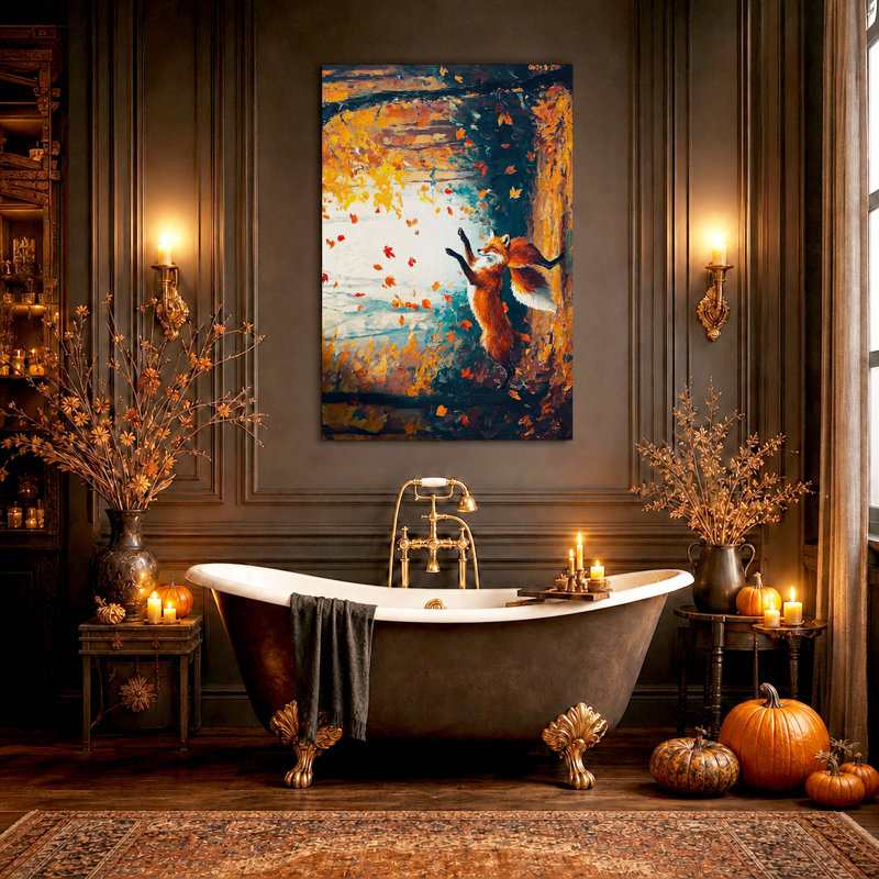 Toile murale d'Halloween représentant un renard roux attrapant des feuilles mortes, 48"H x 36"W