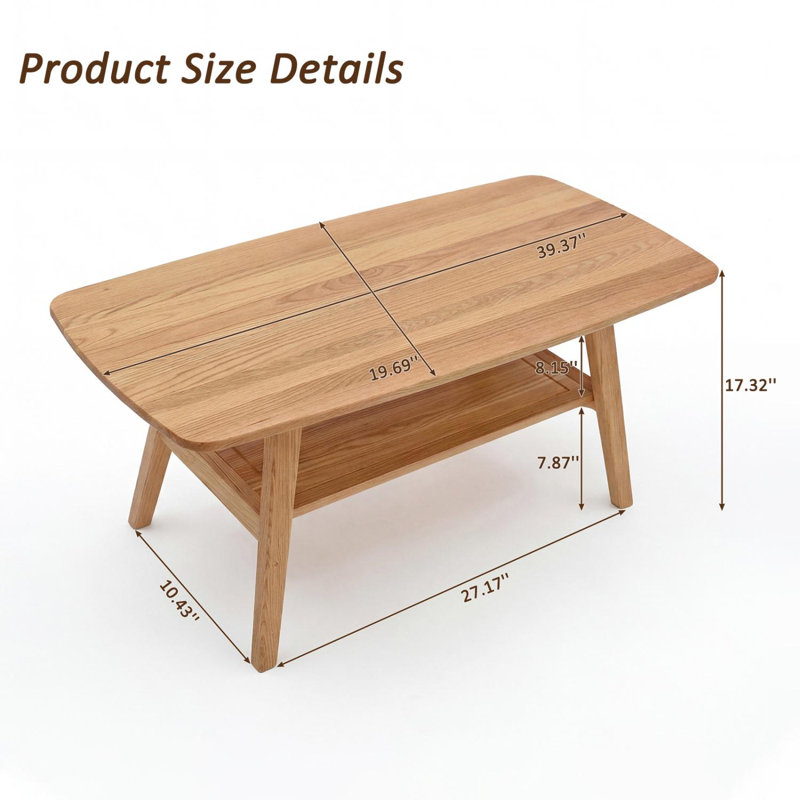 Table basse Mid-Century moderne avec coins arrondis et tablette de rangement, Naturel