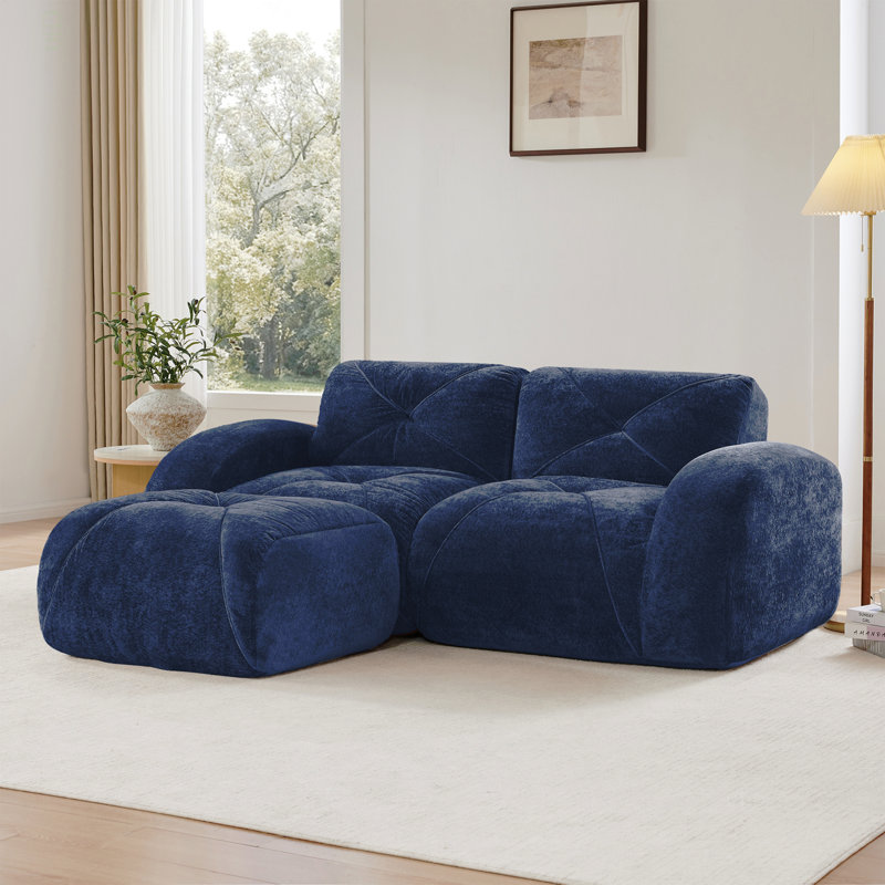 Canapé en L sans os, tissu de velours doux, conception capitonnée, éponge haute densité 32D, aucun assemblage requis, conception ergonomique du bas, conception antidérapante, repose-pieds mobile pour les chambres à coucher, bleu