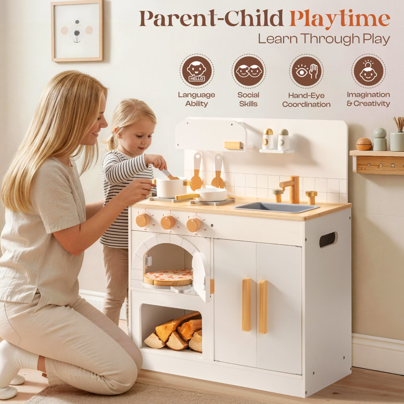 Wooden Kids Play Kitchen Set with Pizza Oven, Accessories & Cookware