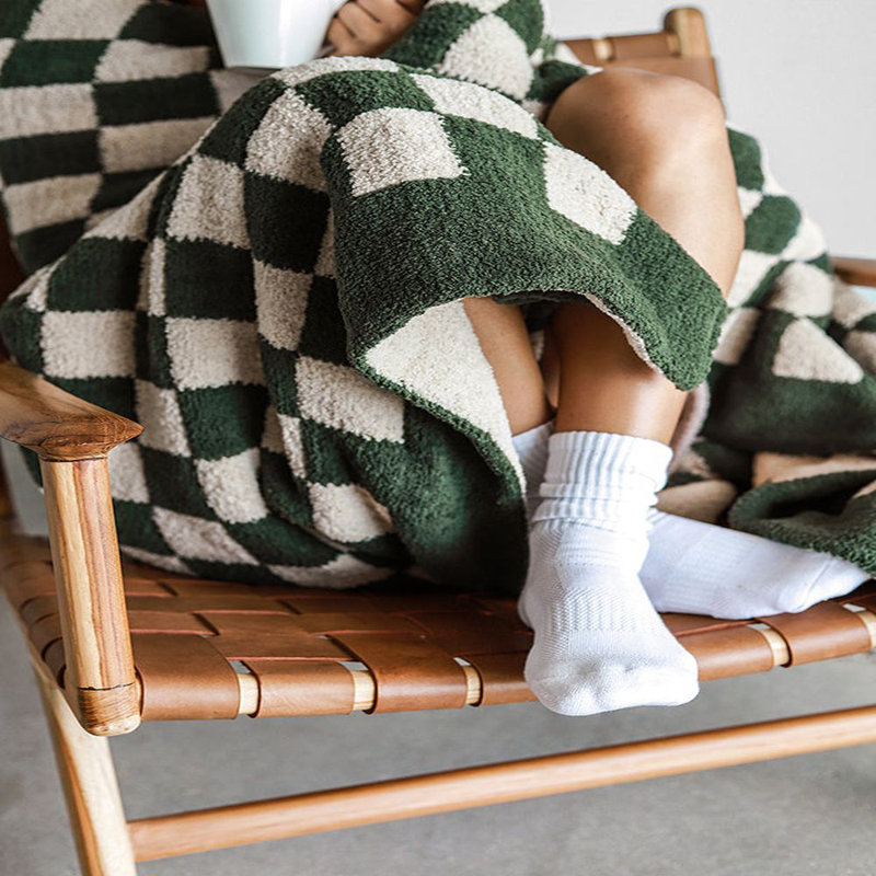 Checkerboard Knitted Throw Blanket, Moss/Sahara Tan Checkered