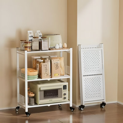 Heavy-Duty Folding Metal Shelving Rack With Rolling Wheels, 3-Tier Collapsible Storage Organizer For Kitchen, Pantry, Garage, And Basement