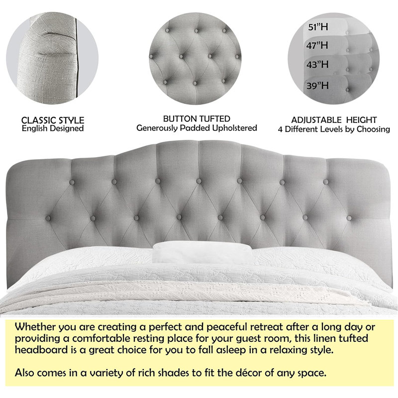Linen Upholstered Headboard-Modern-Adjustable Height-Button Tufting, Grey, Queen