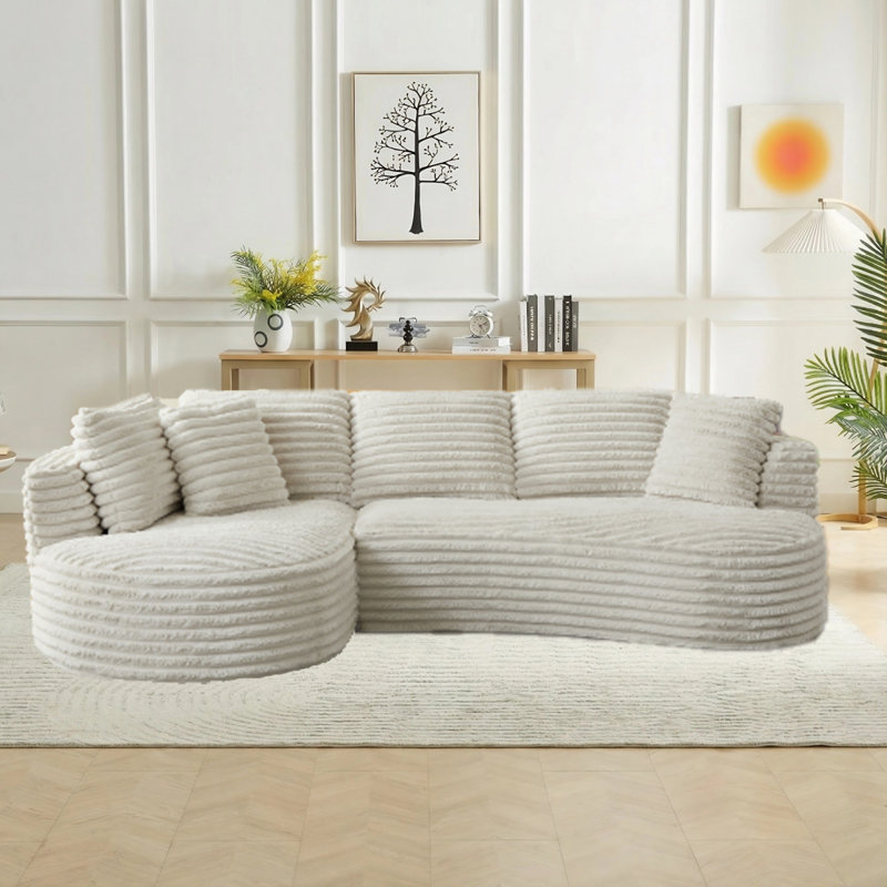 Canapé modulaire incurvé en forme de L 120,9 po en velours côtelé, sans assemblage, Orienté à gauche (vu de face), Crème
