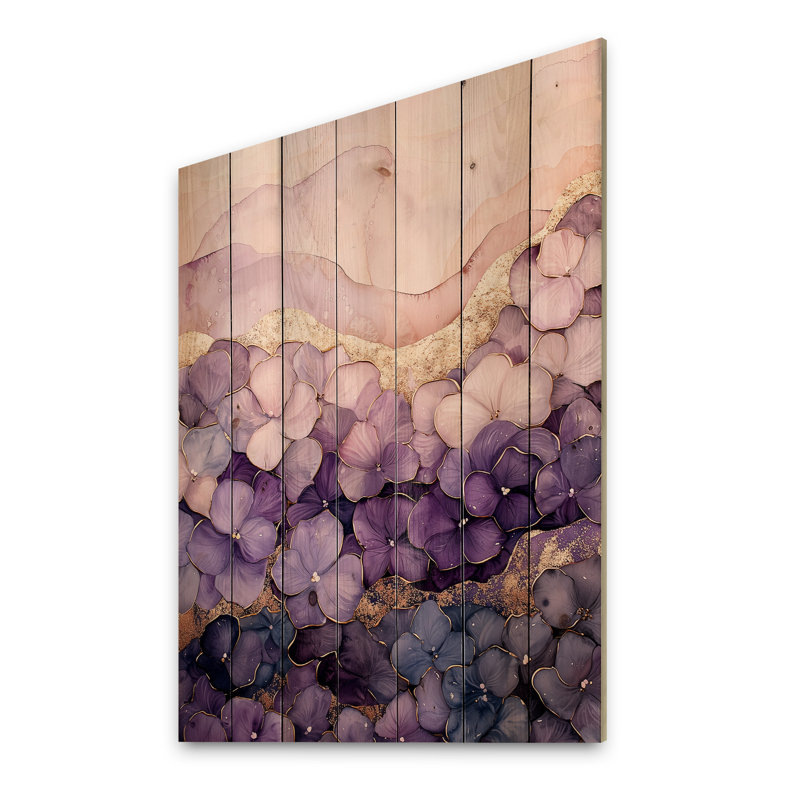 Aura mauve d'hortensias III - hortensia, art mural sur bois de pin naturel, H 40 po x l 30 po