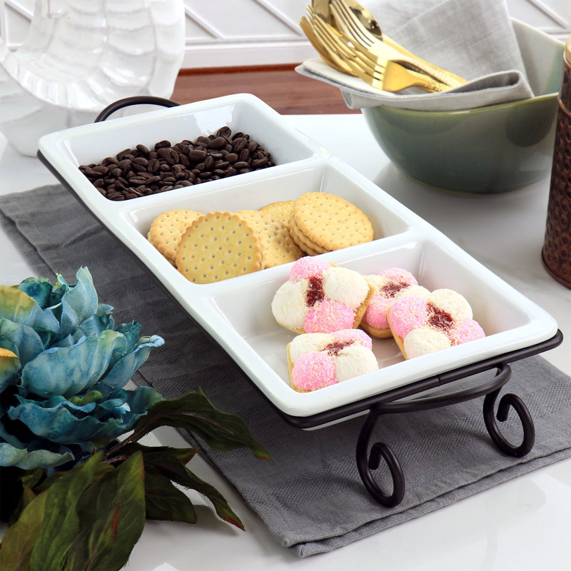 Modern White Porcelain 3-Section Rectangular Serving Tray with Metal Rack
