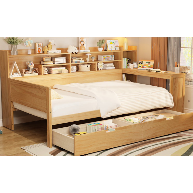 Lit de jour multifonctionnel en bois pour lit simple avec tablette et rangement pour bureau, Naturel