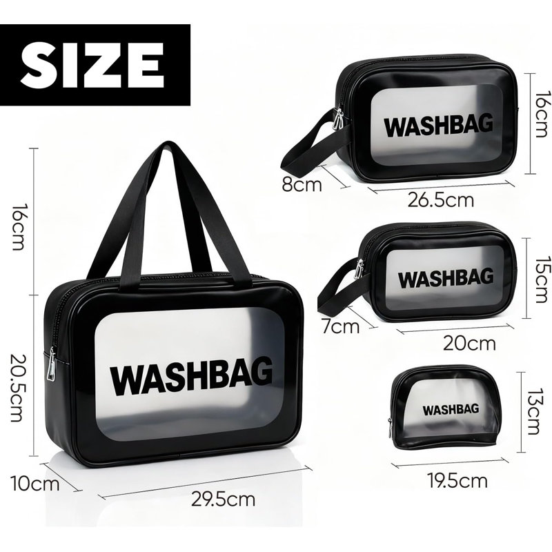 Clear Travel Toiletry Bags Set Of 4 – Waterproof PVC Makeup & Cosmetic Wash Bags With Dual Zips, Transparent Organiser Pouches For Women & Girls