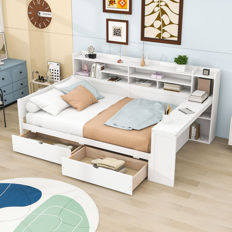 Alameda Wooden Daybed with Storage Shelves, 2 Drawers,Built-in Study Desk, Antique White, Full