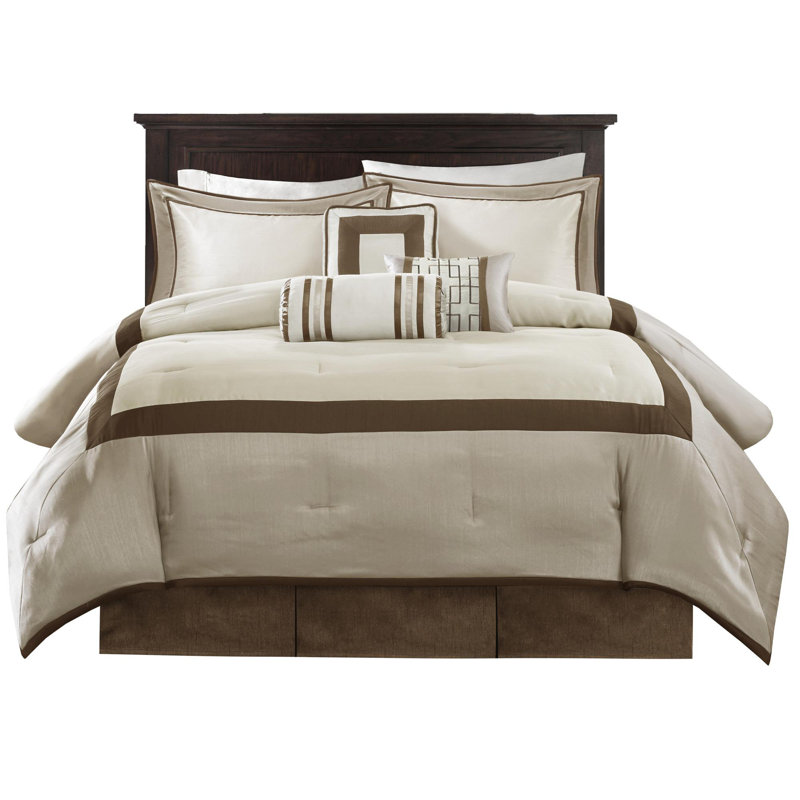 Polyester Comforter 7 Piece Set, Taupe/Brown, King Comforter + 6 Additional Pieces