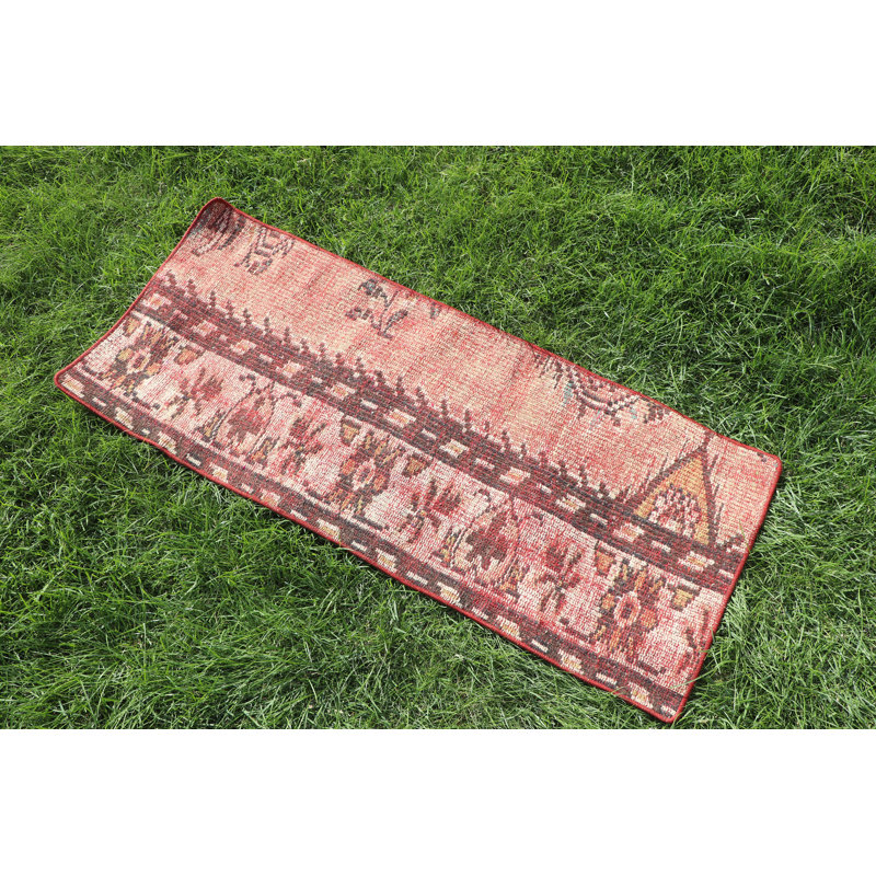 Handcrafted Red Turkish Runner Rug with Geometric Patterns for Bohemian Home Decor