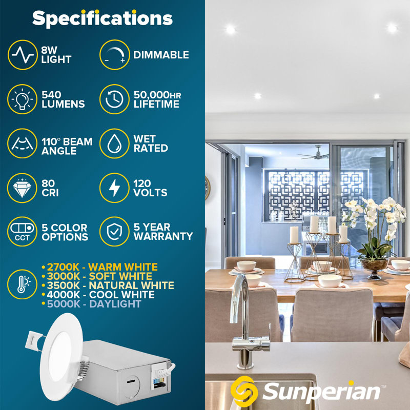 3'' Selectable Color Temperature Dimmable Air-Tight IC Rated LED Canless Recessed Lighting Kit