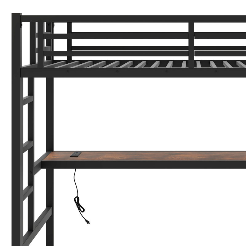 Lit mezzanine en métal avec prise de courant et éclairage DEL