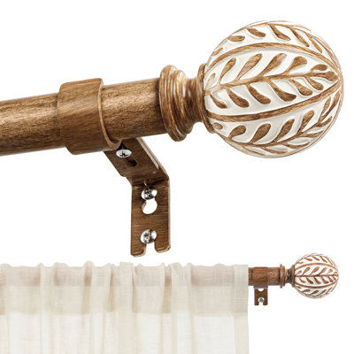 Tringle à rideaux en bois Boho, 1 po de diamètre Tringle à draperie robuste ajustable avec imitation grain de bois et faiteaux à motif de feuilles, style rustique campagnard pour fenêtres, brun