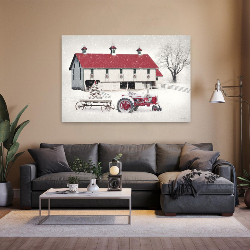 Arbre de Noël rouge abstrait avec grange rouge, H 60 po x l 40 po