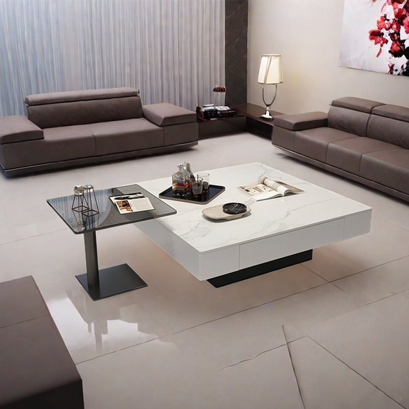 Italian light luxury square stone coffee table, White/Transparent, 11.8'' H X 31.5'' W X 31.5'' D