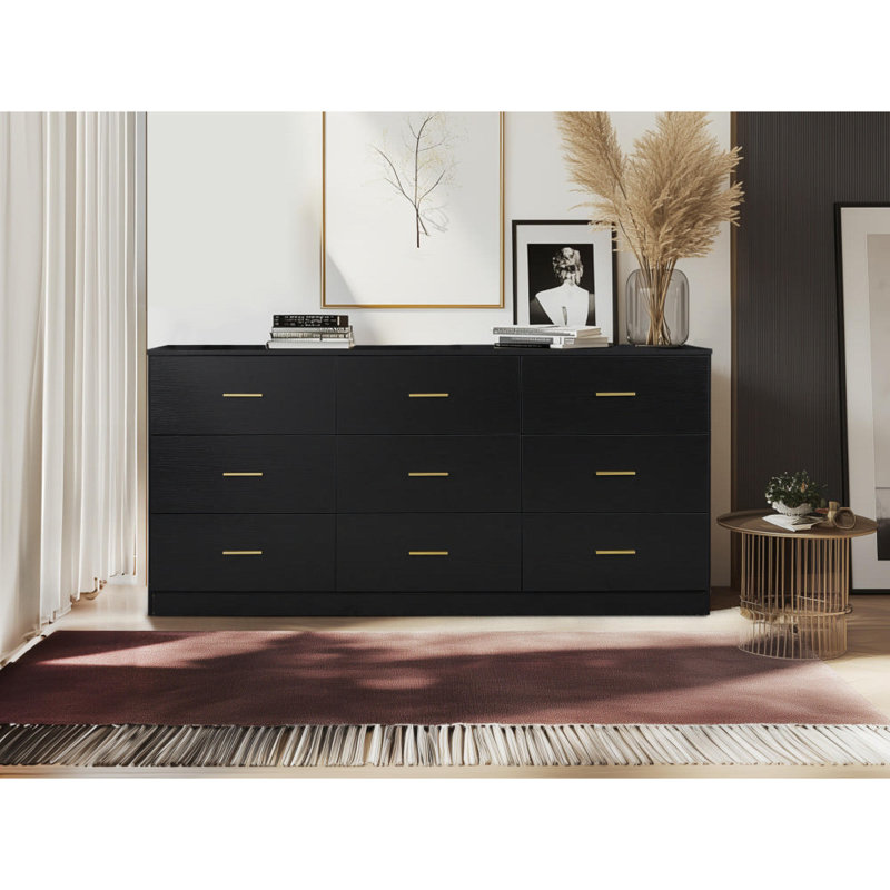 Élégante commode à 9 tiroirs noire: solution de rangement moderne pour la chambre à coucher - commode spacieuse alliant style, espace généreux et design robuste