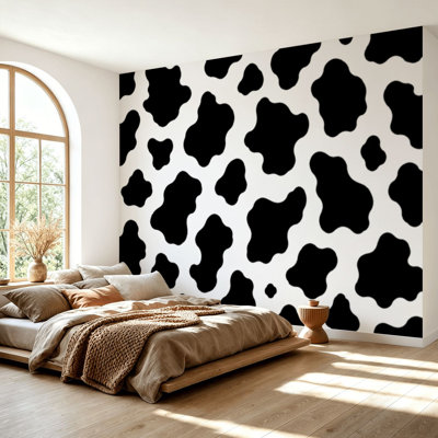 Wall Mural Peel and Stick Wallpaper Cow skin black white spot repeated seamless Animal Self-Adhesive Removable Contact Paper Wall Decor for Living Room Bedroom 69"H x 96"W