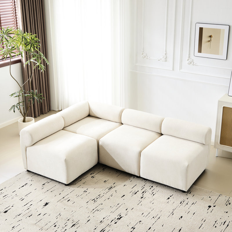 Canapé modulaire en L 4 pièces, tissu beige, ressorts sinueux surdimensionnés, mousse à haute densité de résilience confortable, look moderne