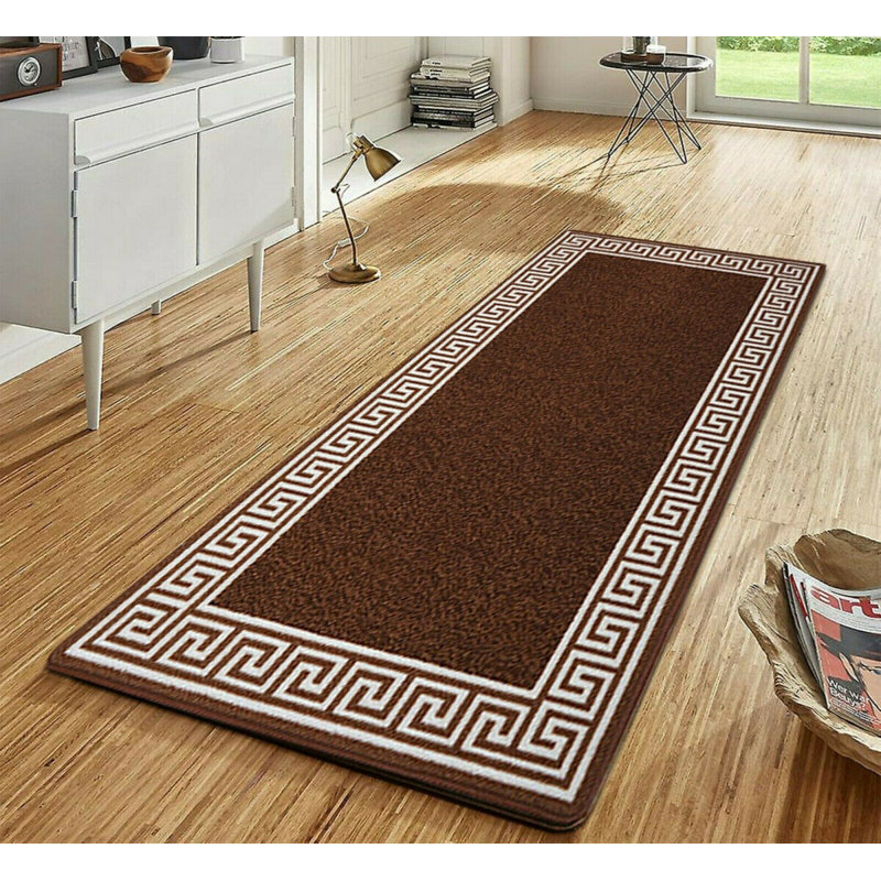 Greek-Key Brown Beige Non-Slip Polypropylene Area Rug — Washable Door Mat & Hallway Runner for Living Room, Kitchen & Bedroom