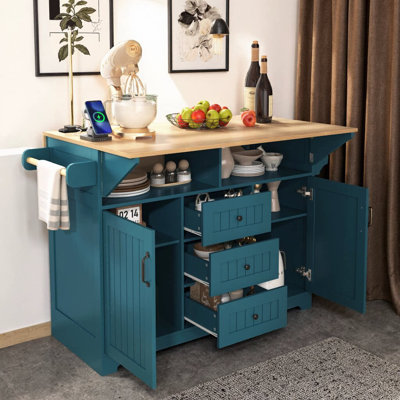 Grand îlot de cuisine 55,7 po avec 2 abattants | Chariot de cuisine sur roulettes sur 5 roues avec prise de courant et ports USB | Table de salle à manger pliante avec étagère à épices, porte-serviettes et 3 tiroirs