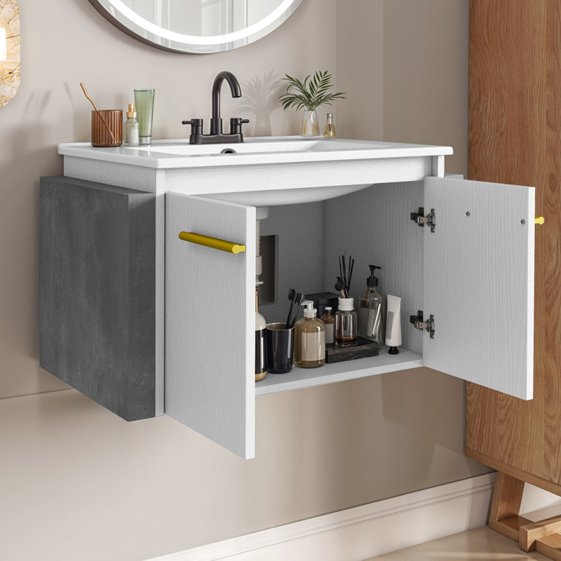 Balconera 26'' Single Bathroom Vanity With Ceramic Top, White/Gold