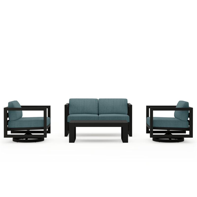 Avion 4 Piece Loveseat Set With Swivel, Spectrum Indigo Sunbrella®, Black