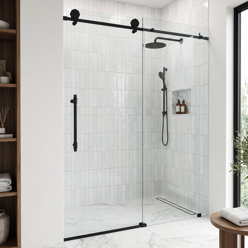 Porte de douche coulissante sans cadre avec verre transparent 3/8 po l 56-60 po x H 76 po Elan Hart, Noir mat
