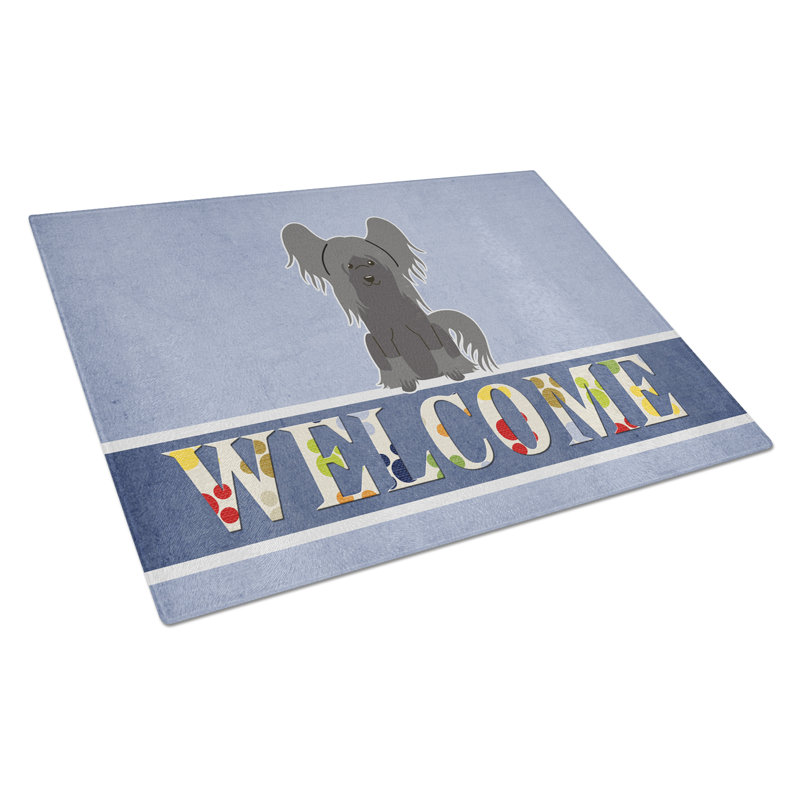 Caroline's Treasures Welcome Dog Glass Chinese Crested Cutting Board, Black
