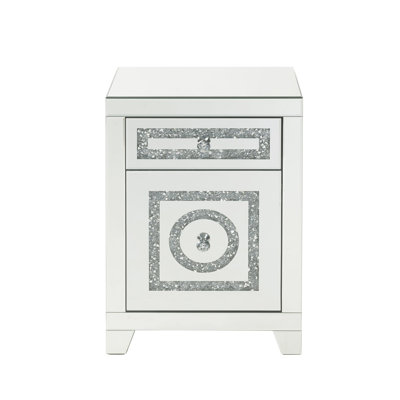 Mirrored & Faux Diamonds Accent Table, 2 Drawers, 18" Width, Build Table With Practical Drawers - Metal + Synthetic Wood, 46lb