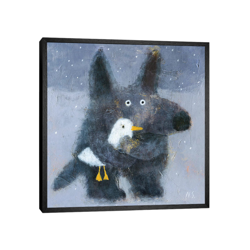 The Wolf Hugs The Duck by Natalia Shaloshvili - Painting on Canvas, 66.04cm H x 66.04cm W x 3.81cm D, Black Framed
