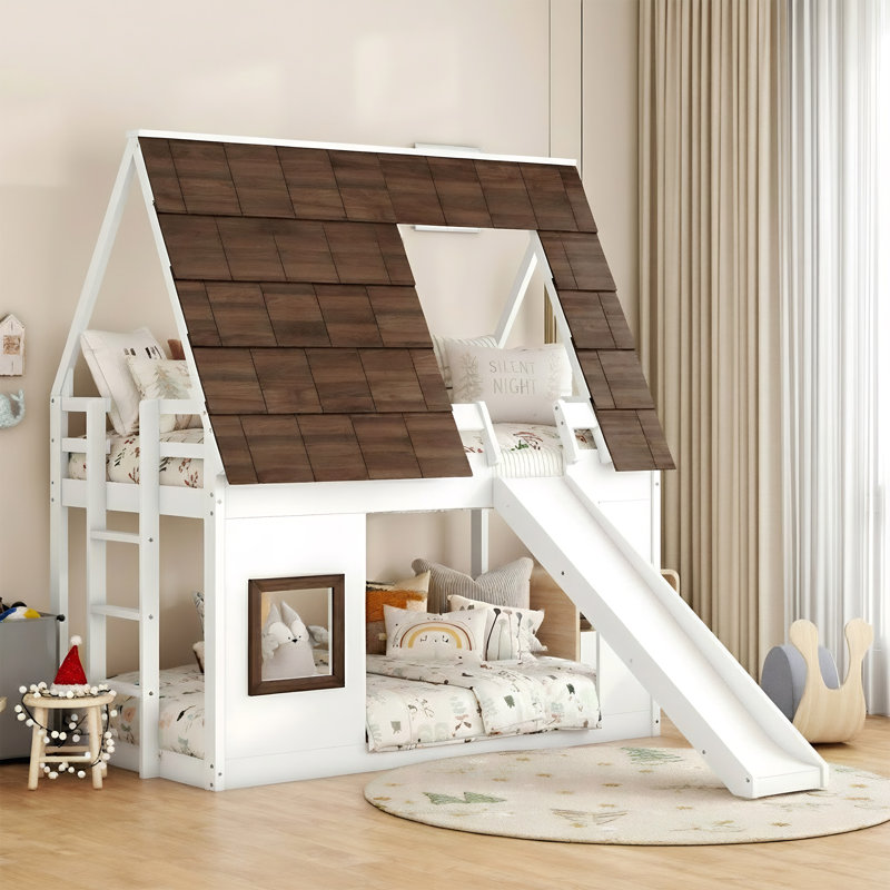 Twin Over Twin Size House Shape Bunk Bed With Roof，Ladder And Slide- Pine Wood And Mdf