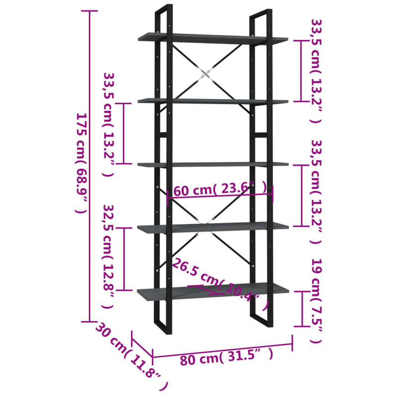 Bibliothèque Canne en bois d'ingénierie, Gris foncé, (5 tablettes) H 68,9 po x l 31,5 po x P 11,8 po