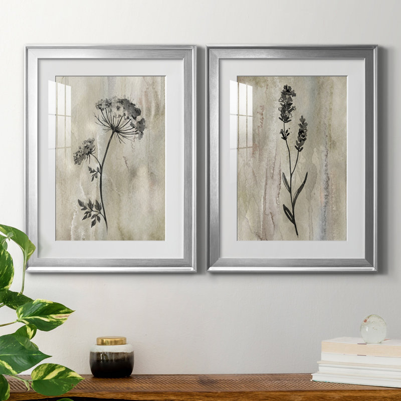 «Sumi-e Silhouette I», ensemble de 2 reproductions d'art, Impression encadrée, H 18,5 po x l 49 po, Argent argent