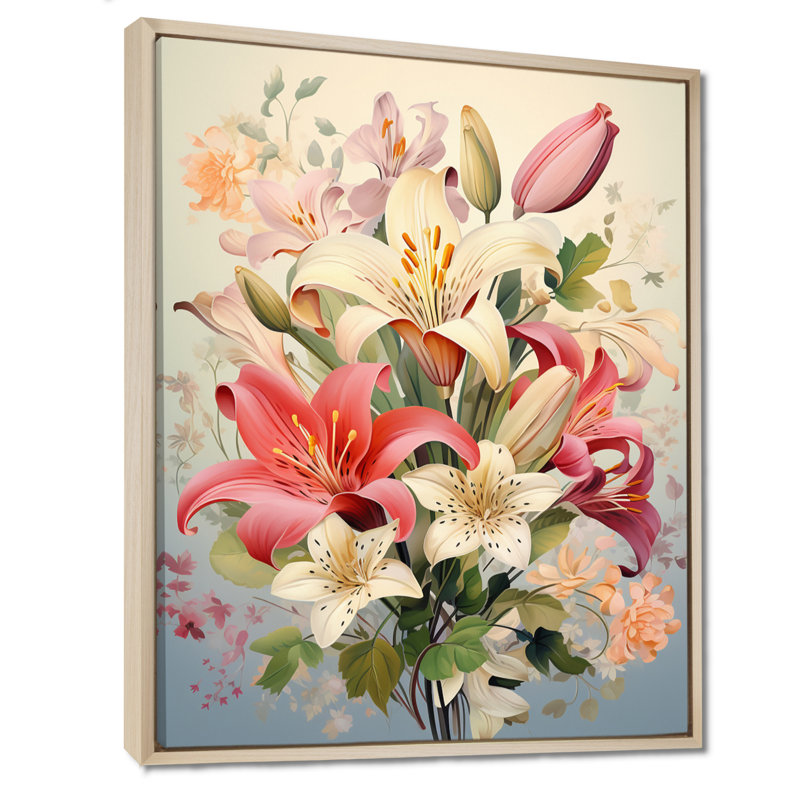 Bouquet de fleurs de lys roses et rouges - art mural Lily, H 44 po x l 34 po, Cadre flottant crème, bois massif