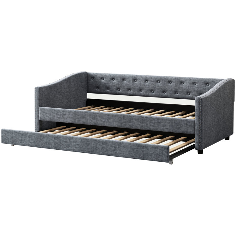 Lit de jour simple avec lit gigogne, fusée grise, bouton orné, clous en cuivre sur accoudoirs ondulés, éponge haute densité et revêtement en lin brillant