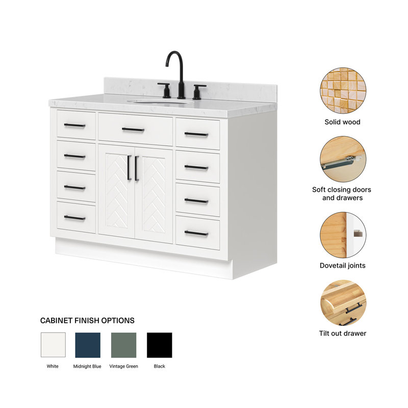 Meuble-lavabo ovale simple 48 po à chevrons avec comptoir en quartz blanc Carrara blanc, Ovale, Blanc