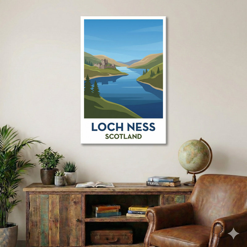 Loch Ness, Scotland - Romantic Highlands Travel Poster: Misty Loch And Castle. Giclee Print On Wrapped Canvas. Wall Art, Home Decor - Natural Landmarks, Scotland - Wrapped Canvas Print