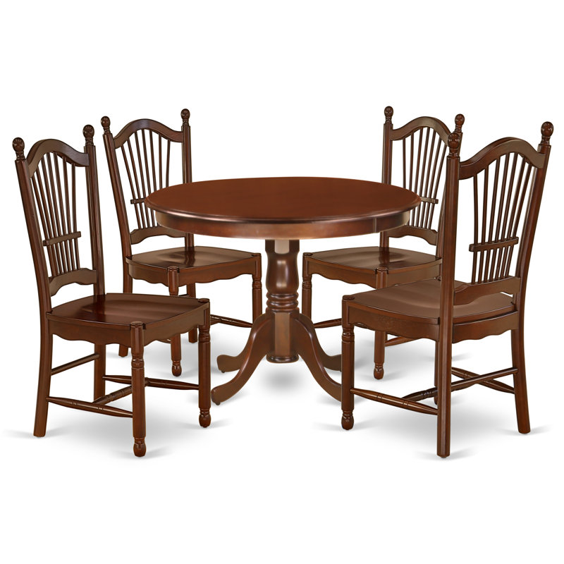 L'ensemble 5 pièces de table et chaises de cuisine comprend une table ronde avec piédestal et 4 chaises de salle à manger, acajou