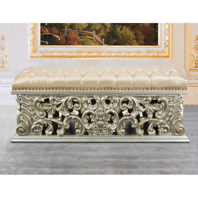 Banc rembourré en similicuir or et beige