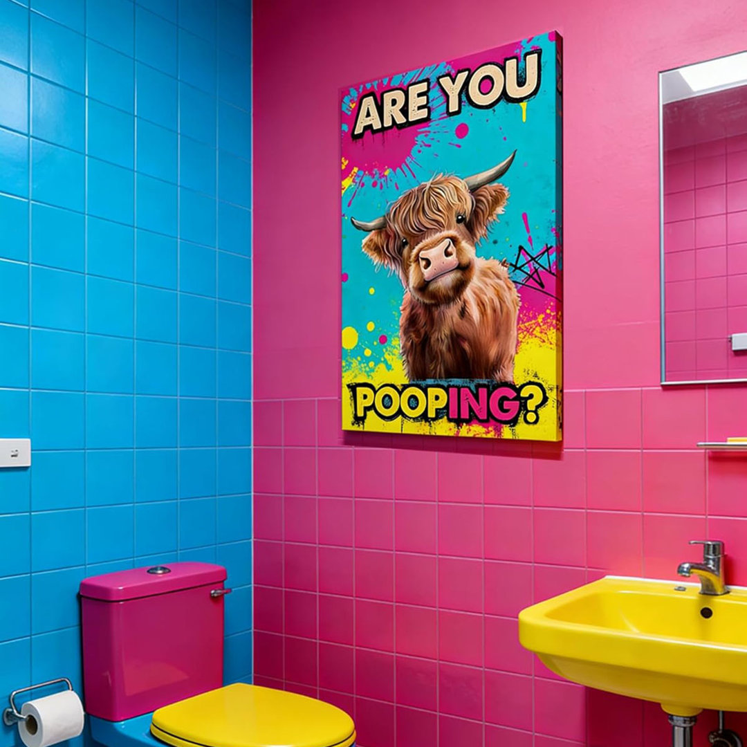 Funny Highland Cow Bathroom Canvas Wall Art Prints, Are You Pooping Sign, Colorful Pop Art Toilet Poster for Washroom, Graffiti Humorous Restroom Wall
