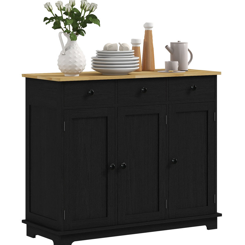 Merveilleuse armoire - comptoir en bois massif, 3 tiroirs, portes, tablette ajustable noir usé pour une utilisation pratique