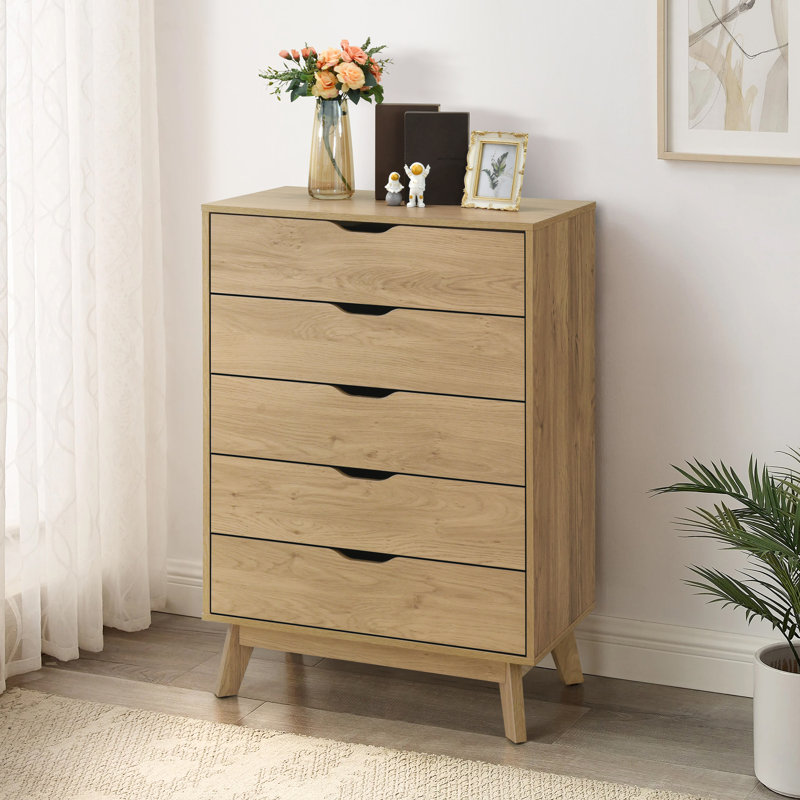 Dowdel 5-Drawer Dresser with Interlock Drawer Safety Feature, Pre-assembled Metal Roller Slide, Brown