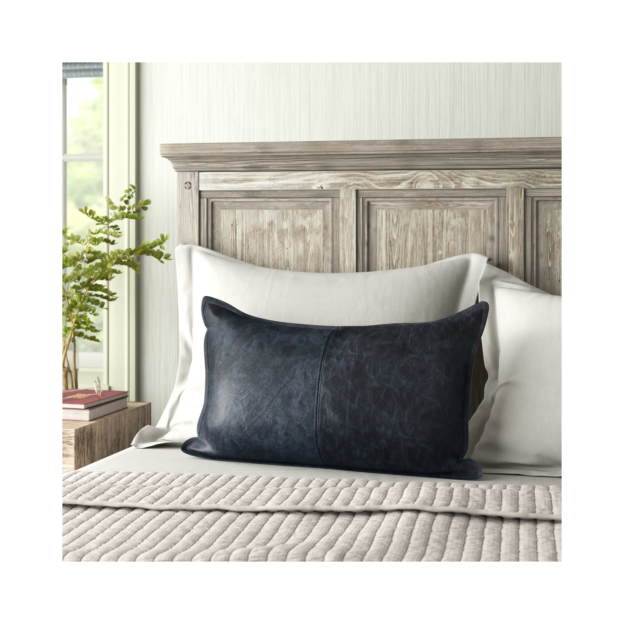 Cutler Leather Accent Pillow, Nightfall Blue, Rectangular, 14" x 26"