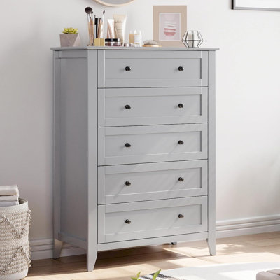 Grey 5-Drawer Wood Dresser, Storage Cabinet for Bedroom, Office, or Hallway