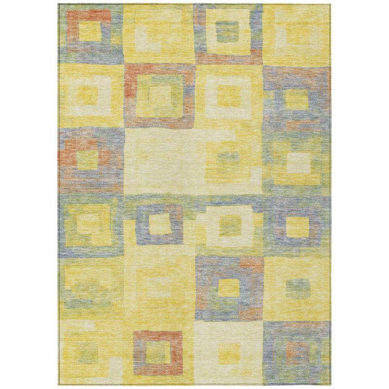 Tapis extérieur lavable à motif géométrique jaune et bleu terre 5 pi x 8 pi
