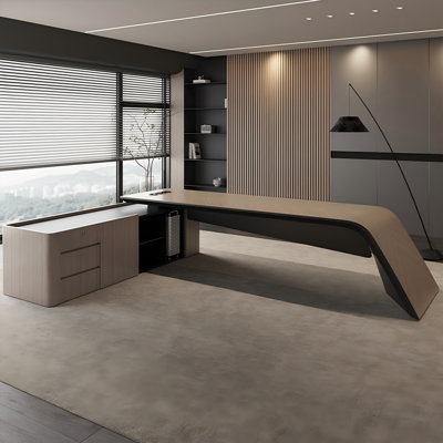 94.49"Modern Light Luxury Light Coffee & Black Executive Desk with Side Cabinet