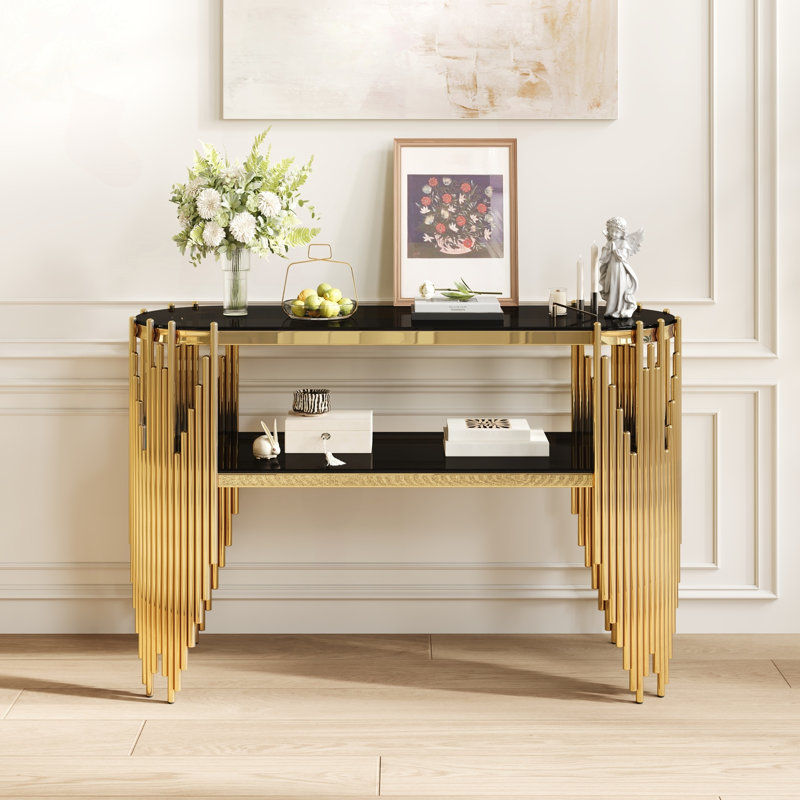 Console luxueuse dorée avec tablettes en verre trempé noir à 2 niveaux, Noir / noir + or, Noir, Noir + or