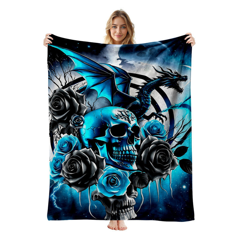 Couverture simple en flanelle JYK Halloween, Dragon Skull Roses