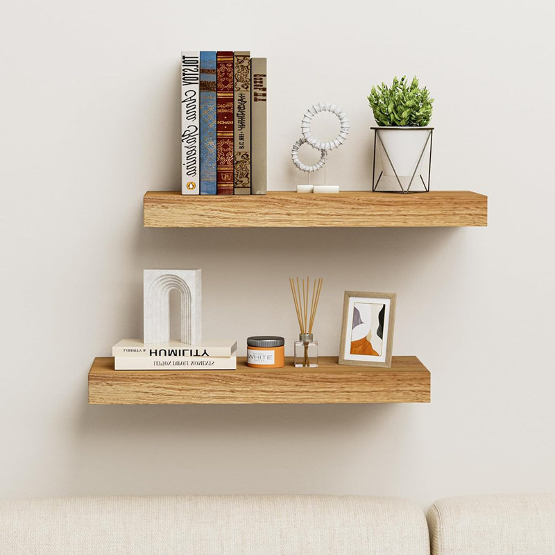 Floating Wall Shelves Set Of 2, 24" Wood Shelves For Storage & Decor, Oak